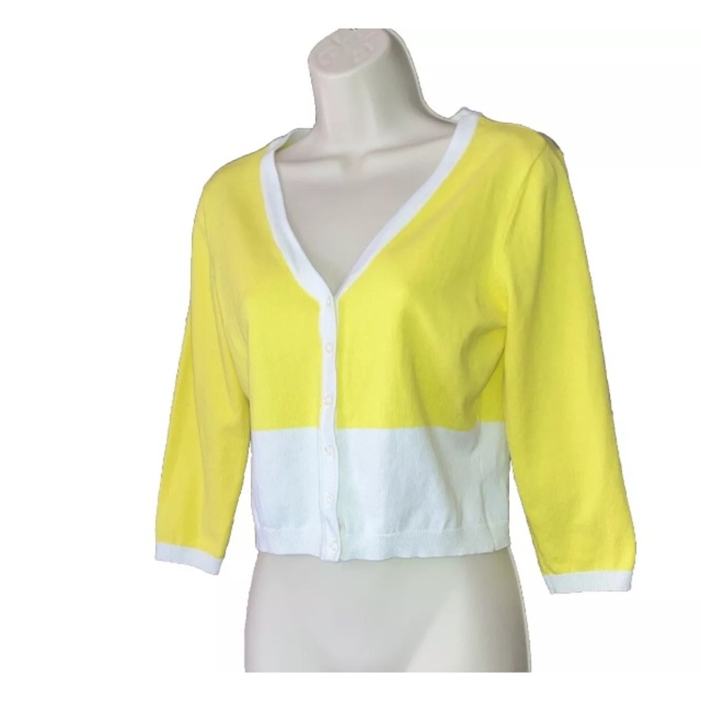 AGB 90s/Y2K  Women’s Cardigans Sweater Cropped Bolero 3/4 Sleeves Yellow White 6